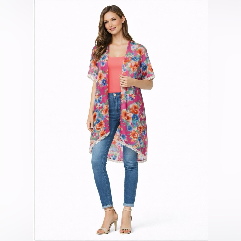 🌸 Pink Floral Sheer Kimono